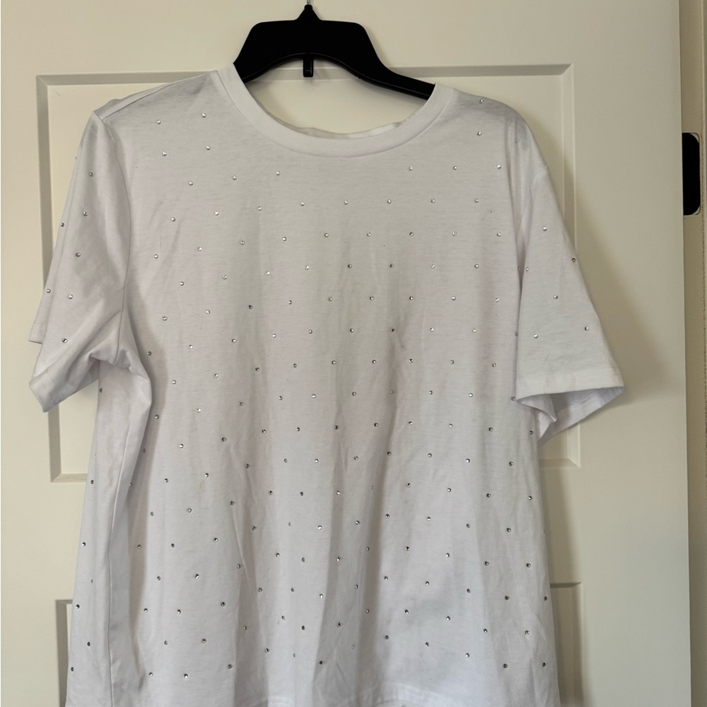 White Short Sleeve Tee with Stud/ bedazzled Embellishments